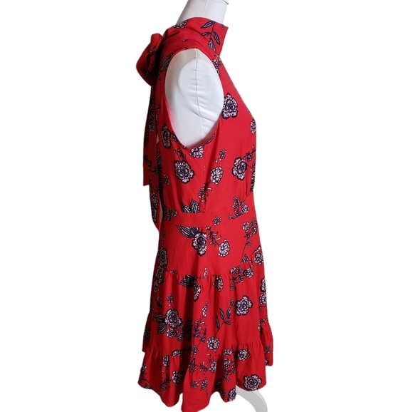 Eliza J Red Floral Print Mini Dress Size 14 Mock Neck Open Back Bow Feminine - Picture 4 of 15